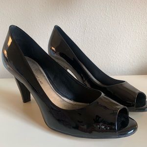 Black patent peep toe heels